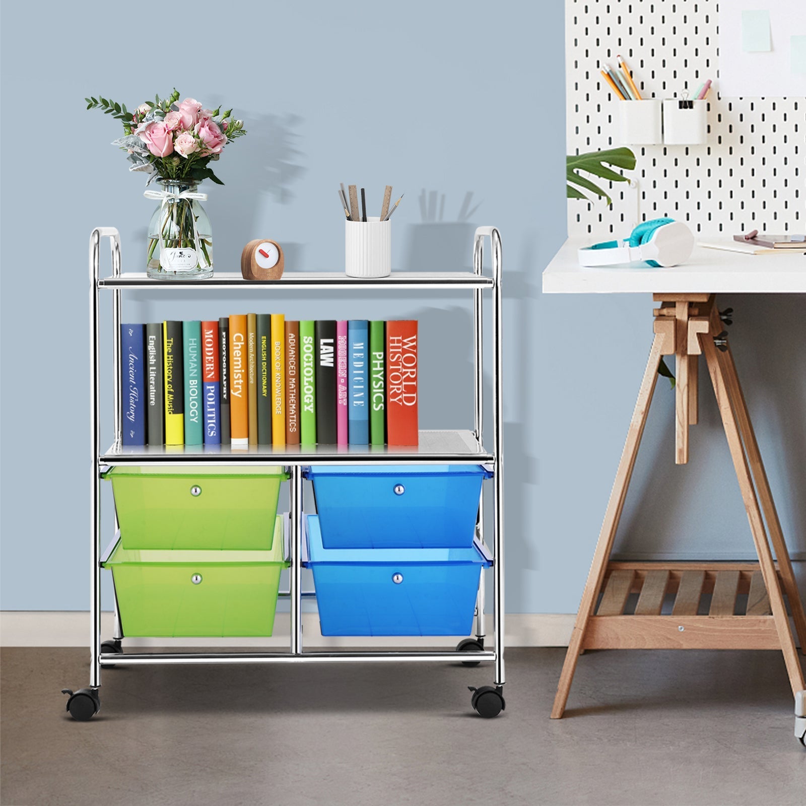 4 Drawers Shelves Rolling Storage Cart Rack-Green