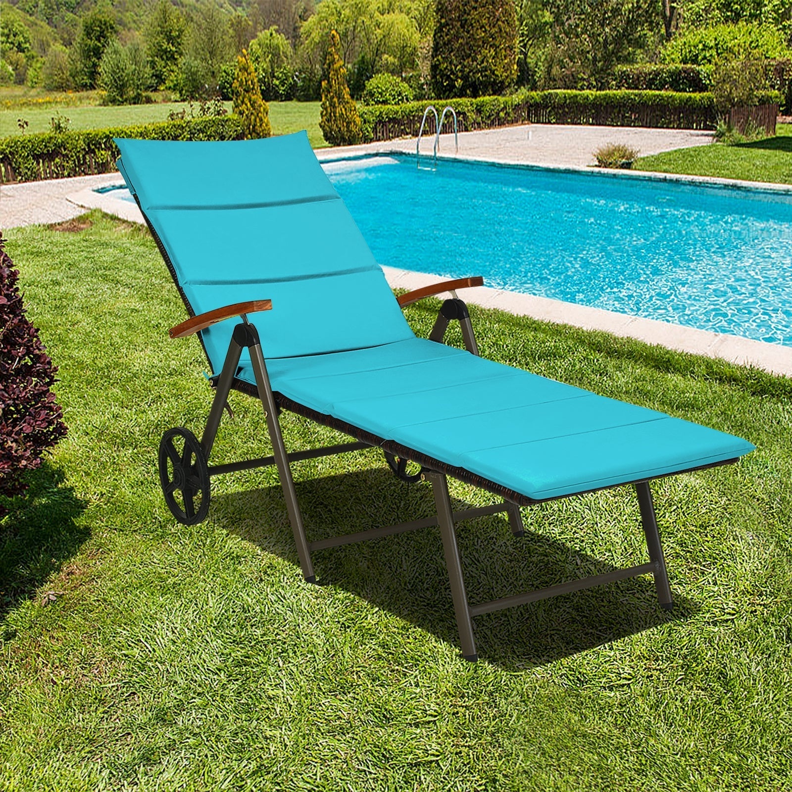 Outdoor Chaise Lounge Chair Rattan Lounger Recliner Chair-Turquoise