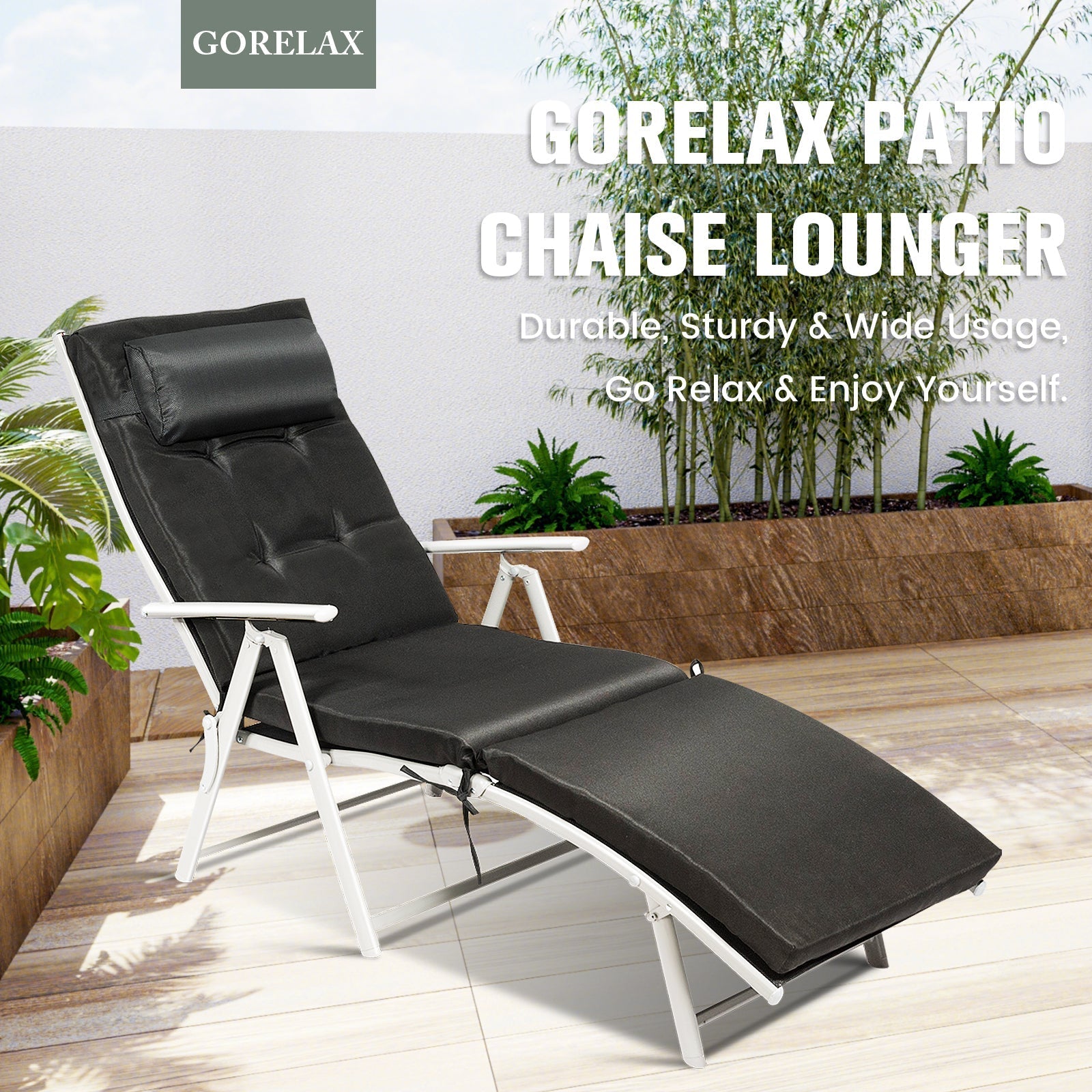 Adjustable Outdoor Lightweight Folding Chaise Lounge Chair with Pillow-Black
