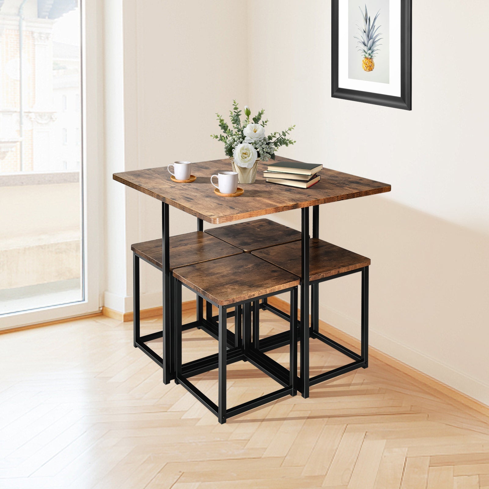5 Pieces Metal Frame Dining Set with Compact Dining Table and 4 Stools-Walnut