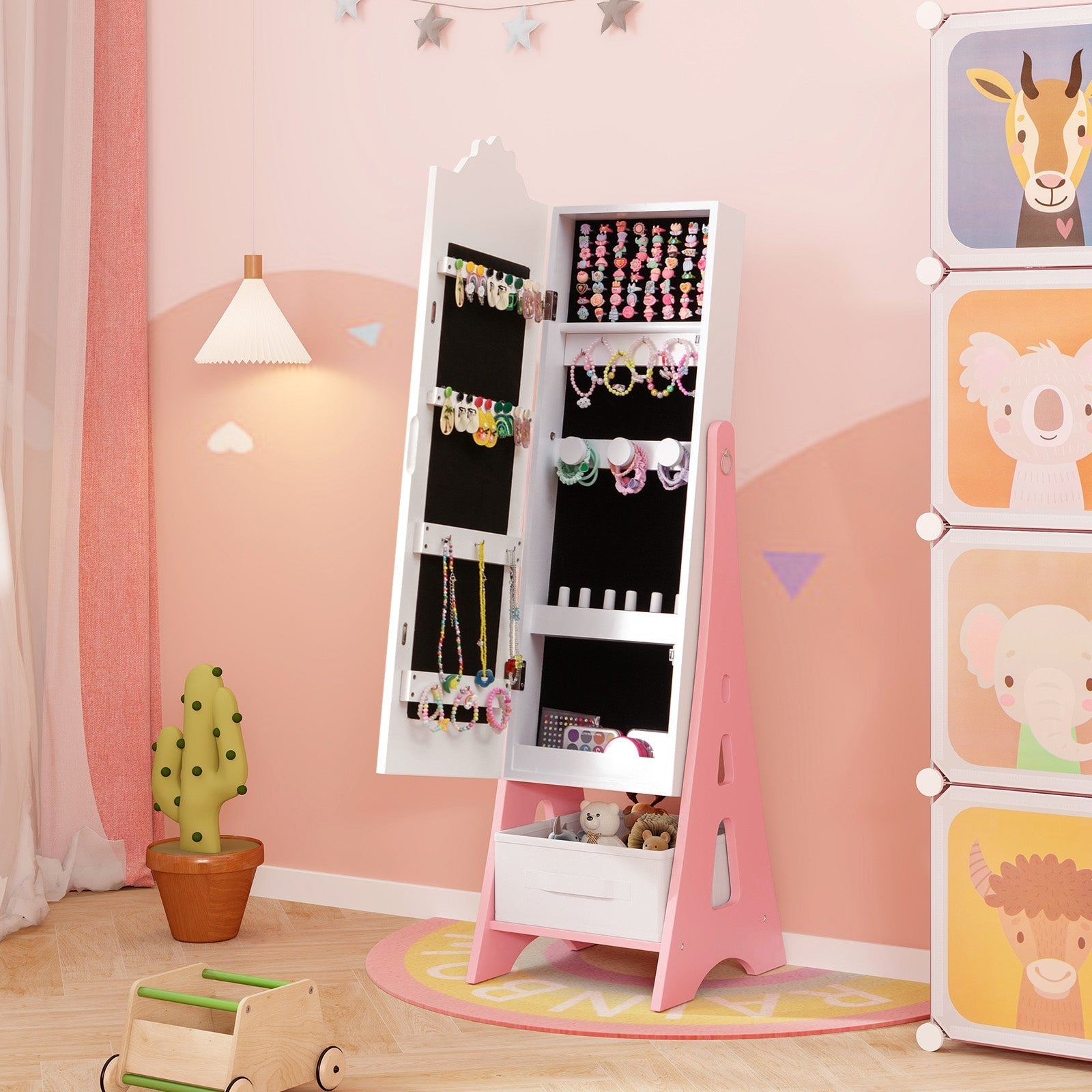 Kids Jewelry Cabinet with Full-Length Mirror and Foldable Drawer-White