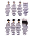 Gray 10A Grade Silver #1B/ Silver  3/4 Body Wave BUNDLES with CLOSURES
