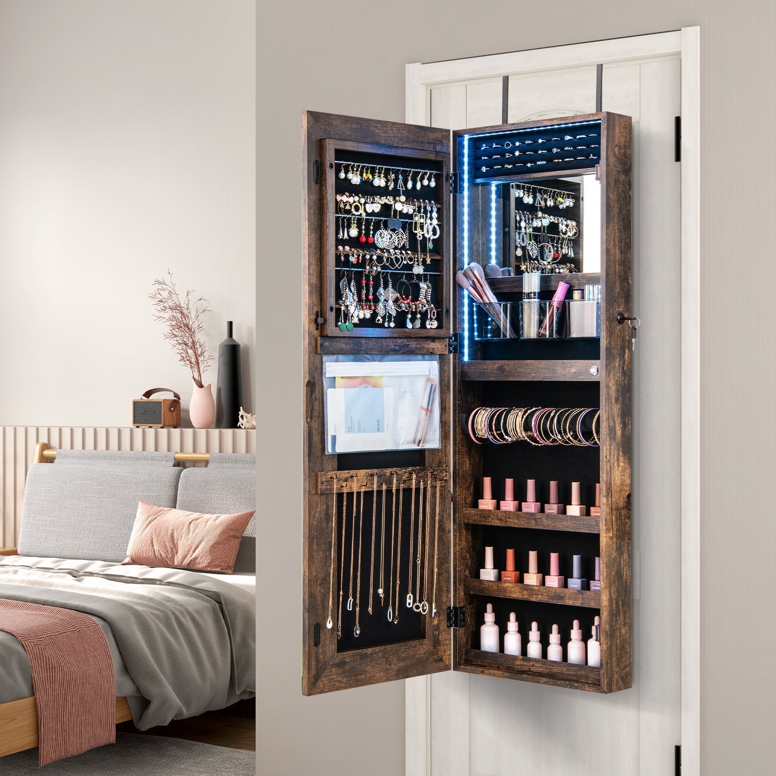 42.5 Inches Lockable Jewelry Mirror Wall Cabinet with 3-Color LED Lights-Rustic Brown