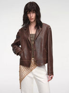 New Zealand imported waxed sheepskin distressed short leather jacket