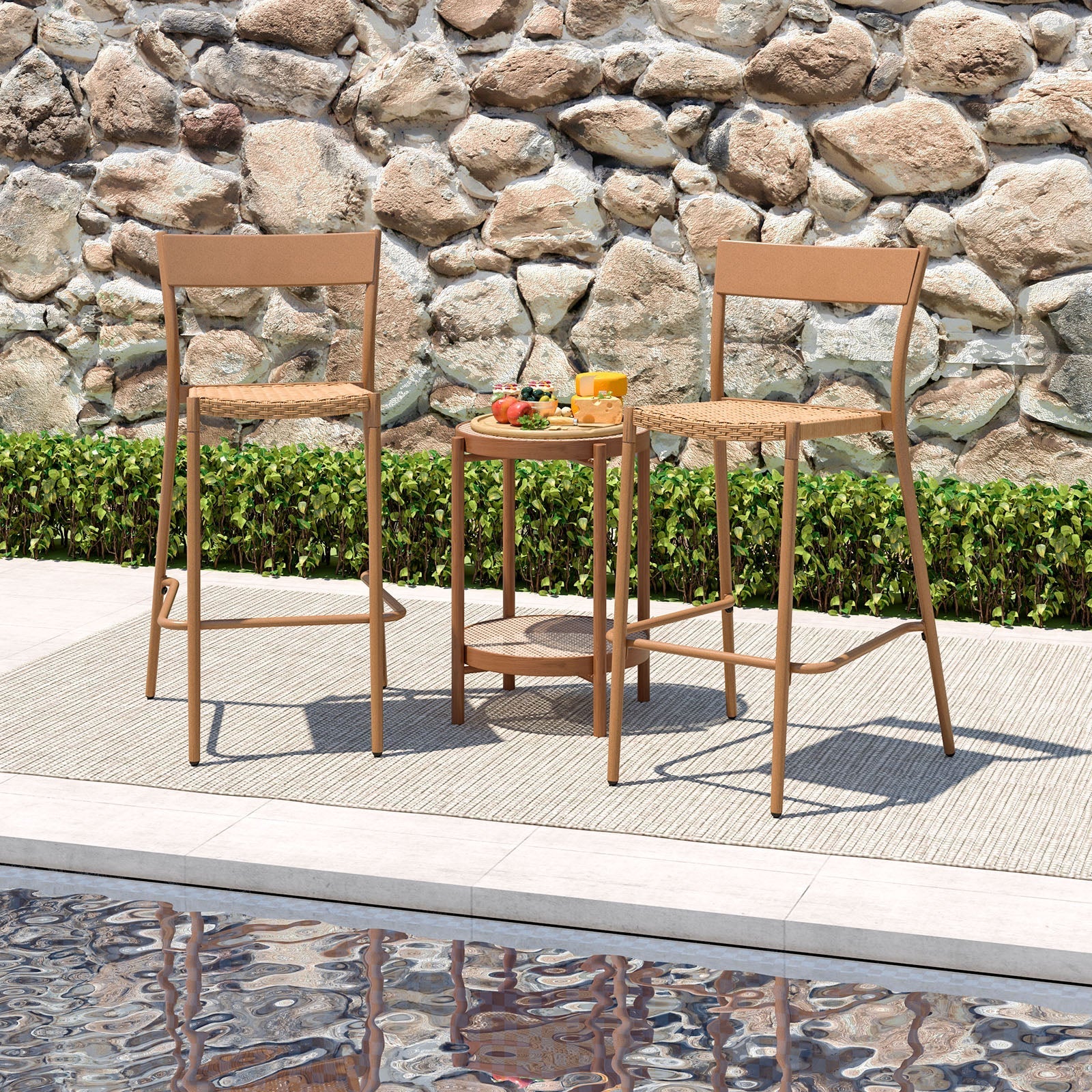 Patio Barstools Set of 2 with Rattan Seat and Metal Backrest-Light Brown
