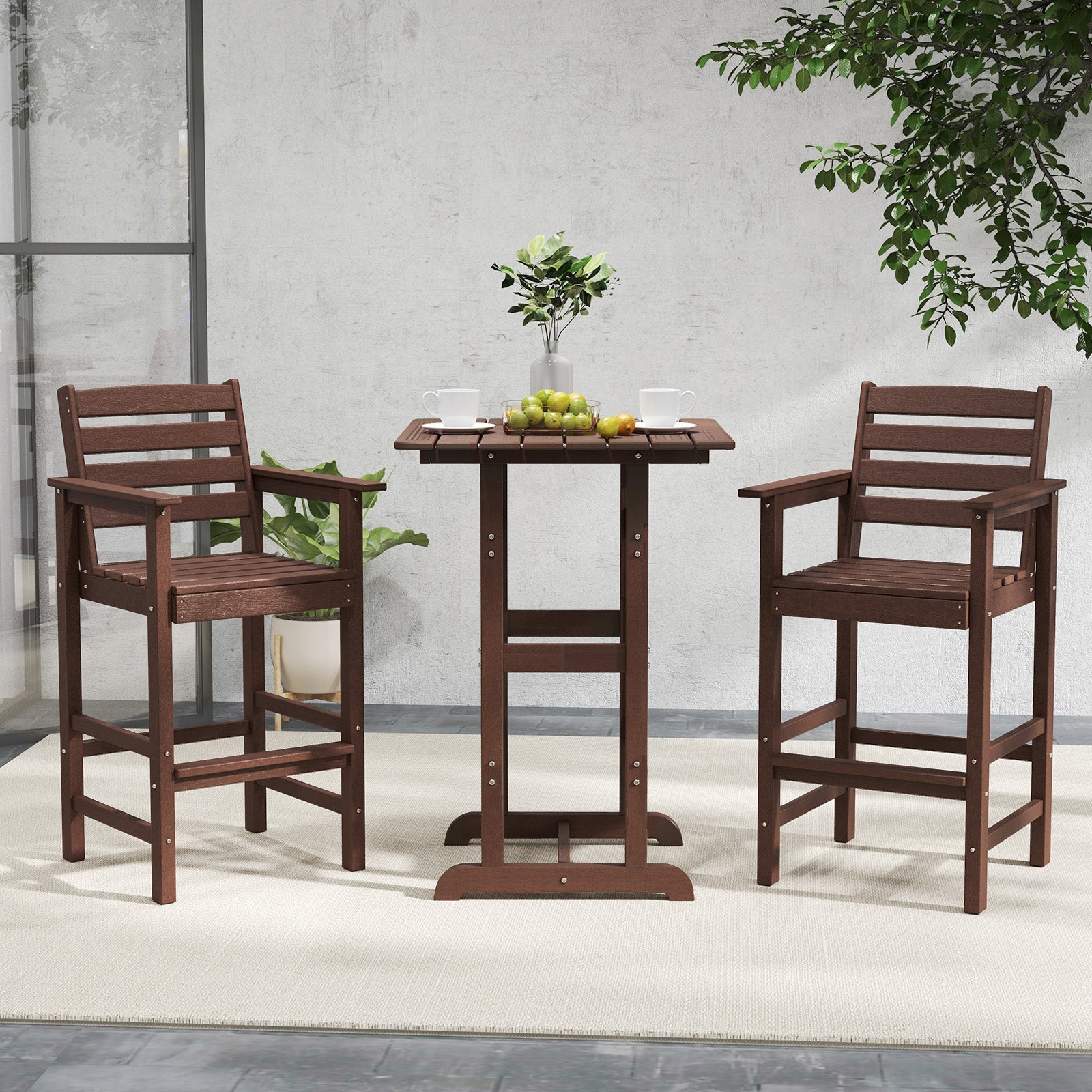 Patio HDPE Adirondack Bar Chairs Set of 2 with Wide Armrests-Brown