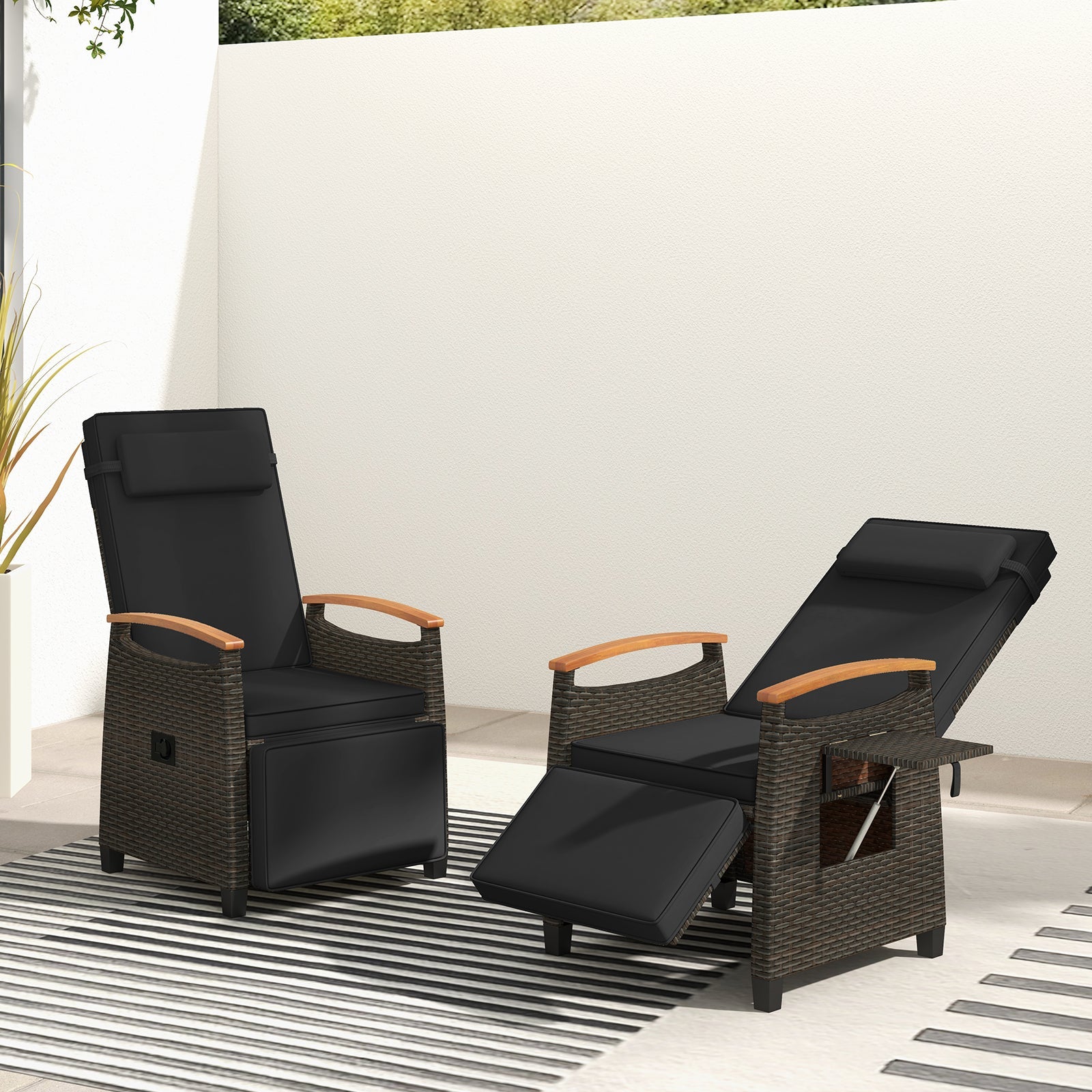 Patio Wicker Recliner Chair with Adjustable Backrest and Footrest-Black