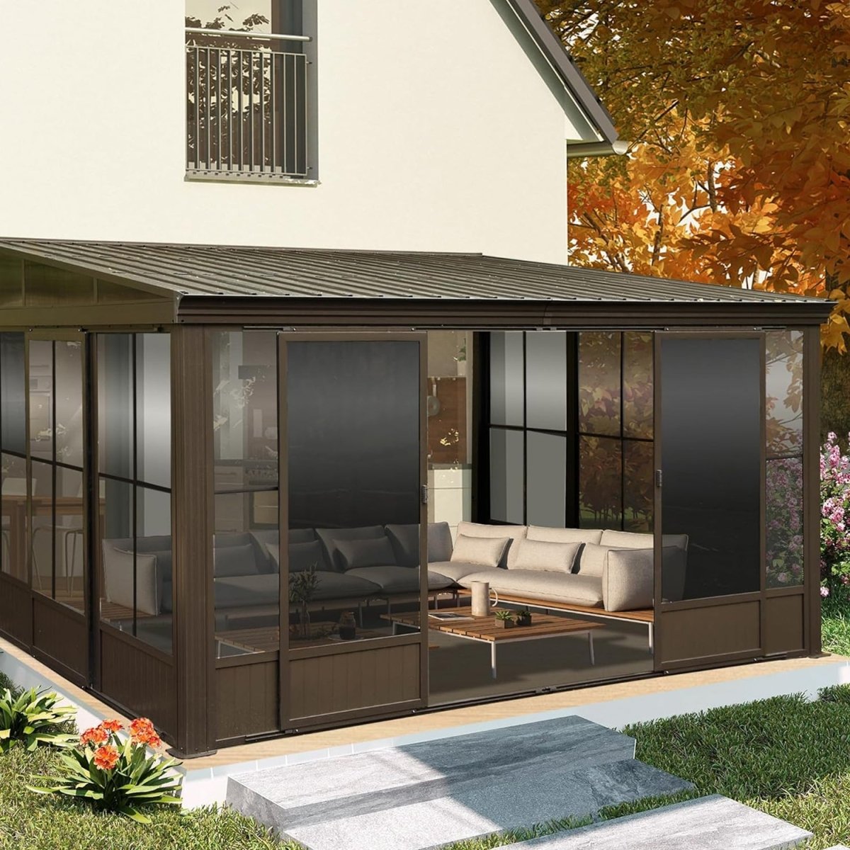[10x12FT] Alora Premium Against Wall Mounted Solarium Sunroom With Galvanized Steel Sloping Roof (SAK96375)
