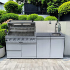 Castelle Flame Outdoor BBQ Kitchen Island With 43-Inch 6-Burner 85K BTU Propane Gas Grill, Rotisserie Kit, And Storage Cabinets (SAK95623)