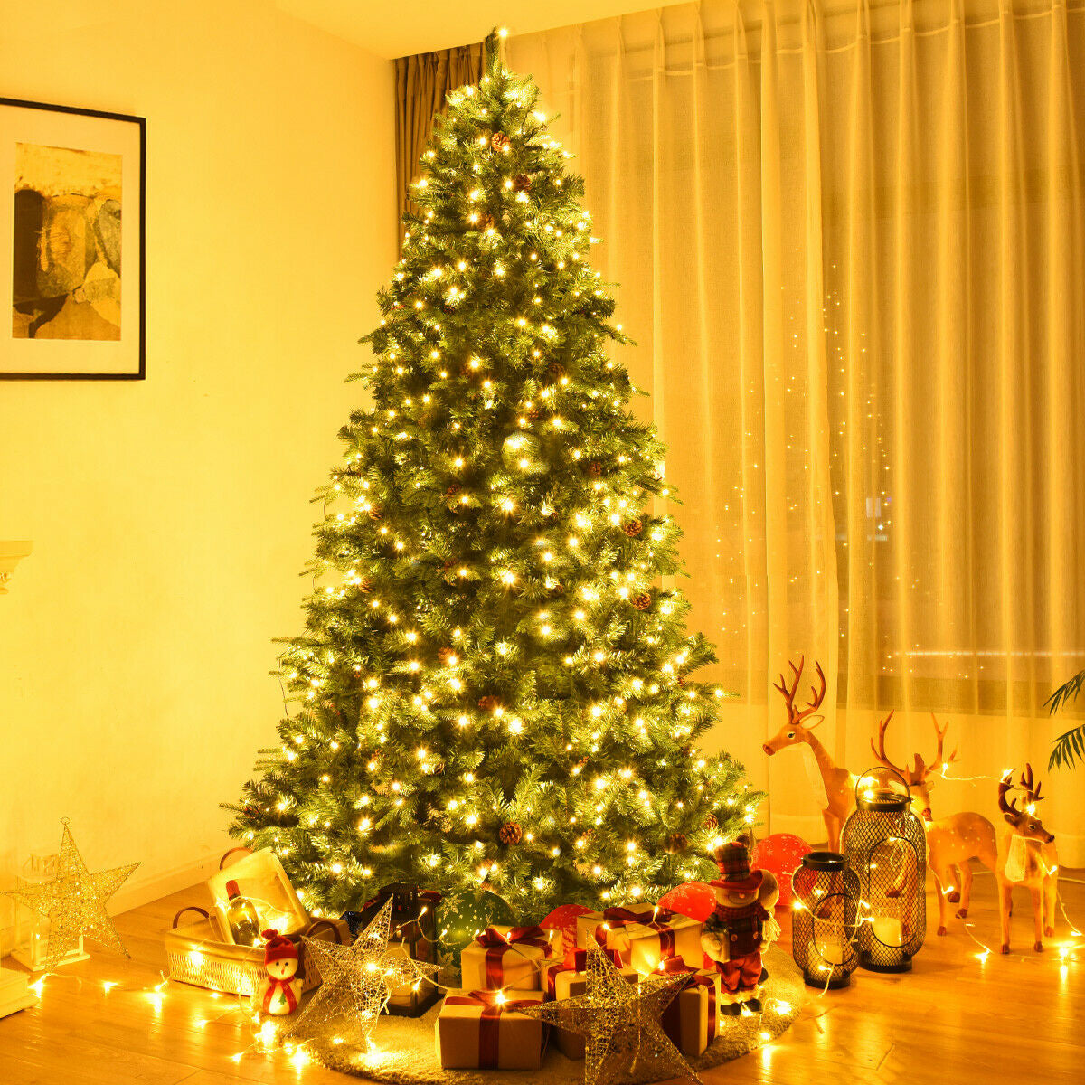Flocked Artificial Christmas Tree with LED Lights and Pine Cones-8ft