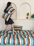 Retro Earthy Tone Stripe Queen Duvet Cover Set with Pillowcases, 100%