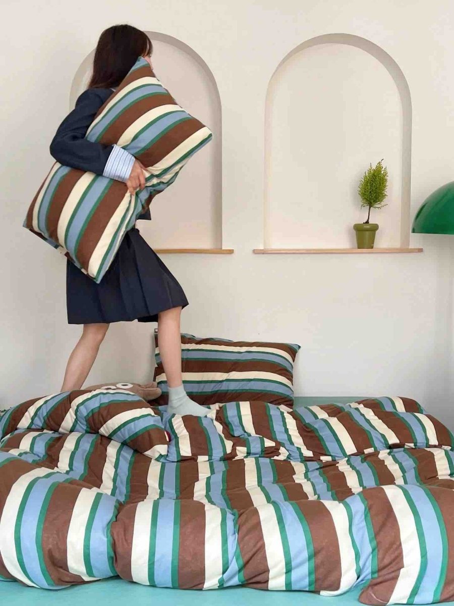 Retro Earthy Tone Stripe Queen Duvet Cover Set with Pillowcases, 100%