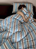 Retro Jersey Knit Blue Stripe Queen Bedding Set with Pillowcases & Fit
