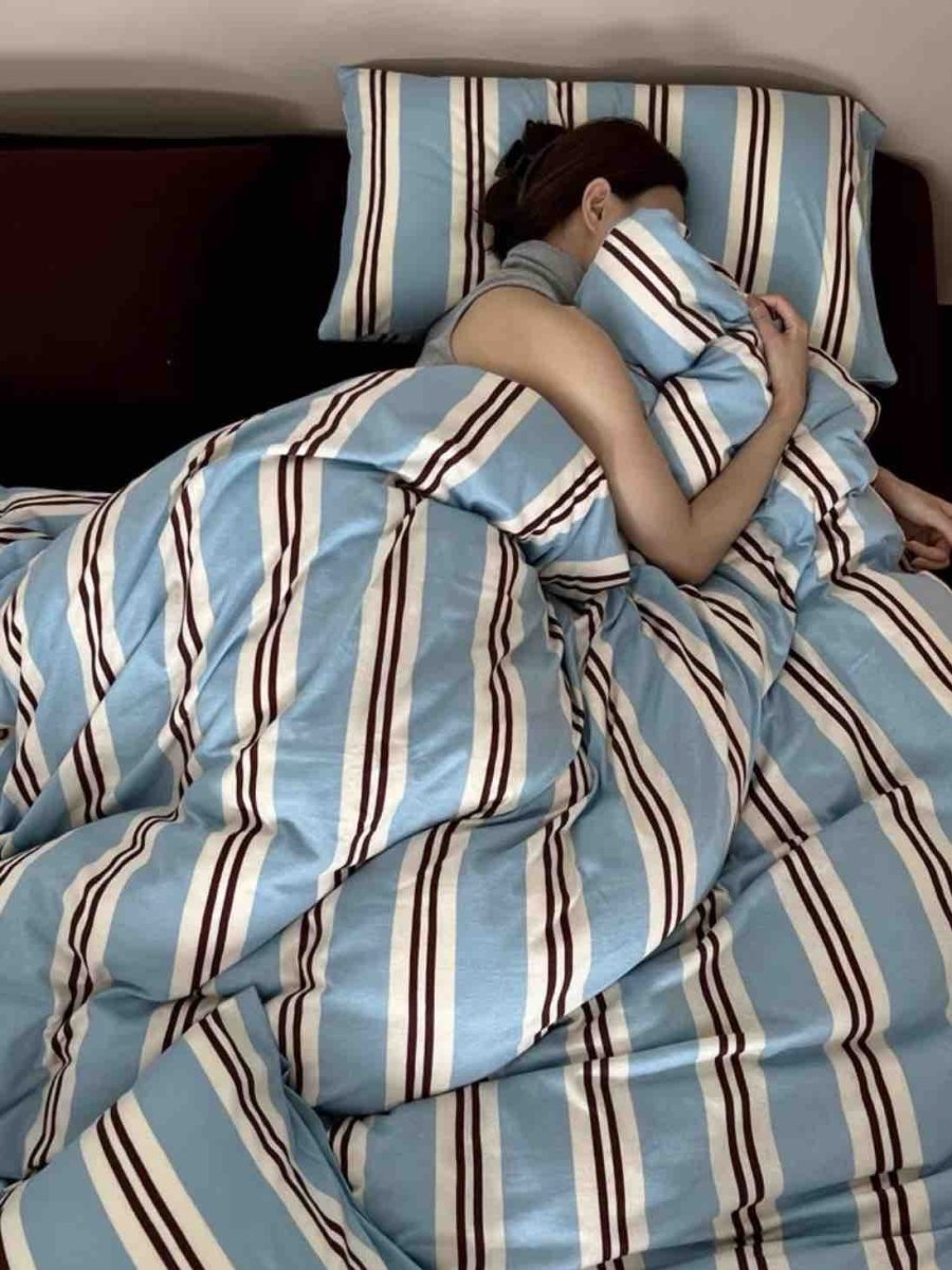 Retro Jersey Knit Blue Stripe Queen Bedding Set with Pillowcases & Fit