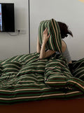 Retro Jersey Knit Stripe Queen Duvet Cover Set with Pillowcases &