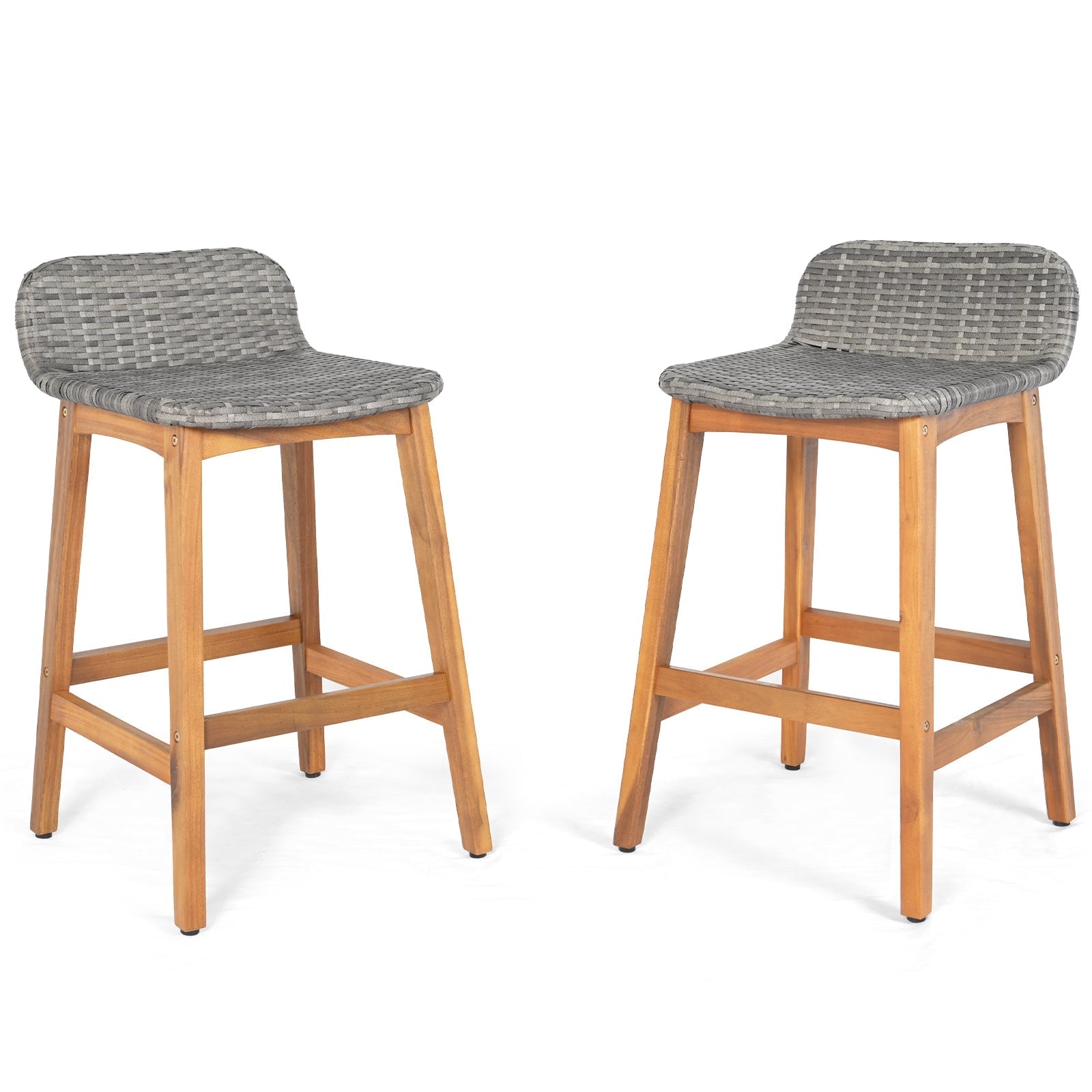 Solid Acacia Wood Bar Stools Set of 2 with Backrests and Footrests for Porch-Gray