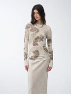 Tencel wool original cashew print round neck slim long sleeve and