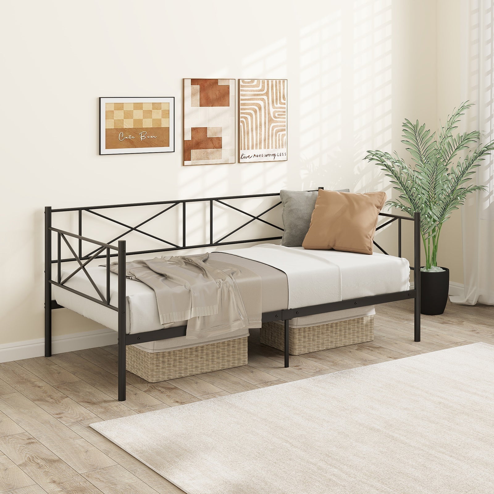 Twin Size Platform Bed with Heavy-duty Metal Slat Support-White