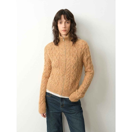 Vintage warm flower pattern basic top mohair wool cable blend zipper