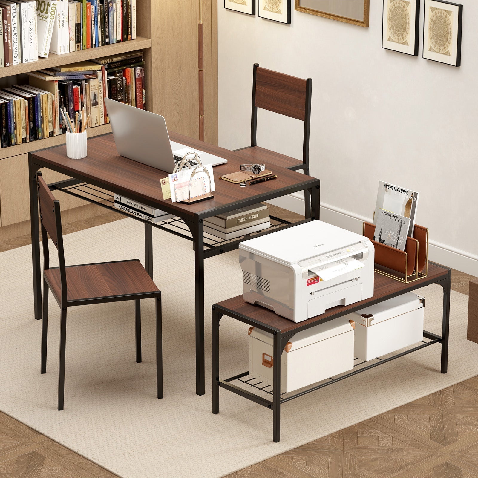 Industrial Style Rectangular Kitchen Table with Bench and Chairs-Walnut