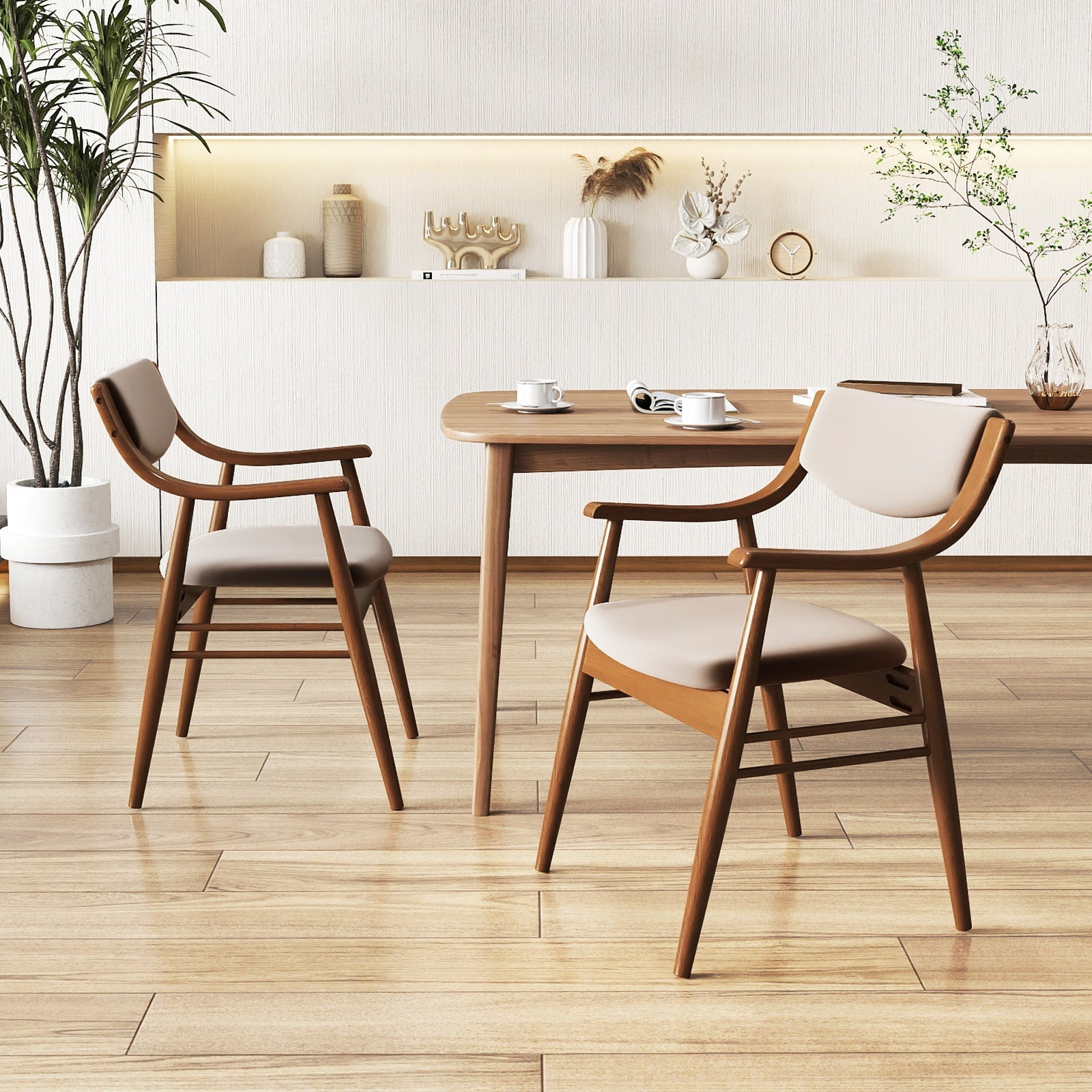 Wooden Dining Chair Set of 2 with Padded Seat and Back-Walnut