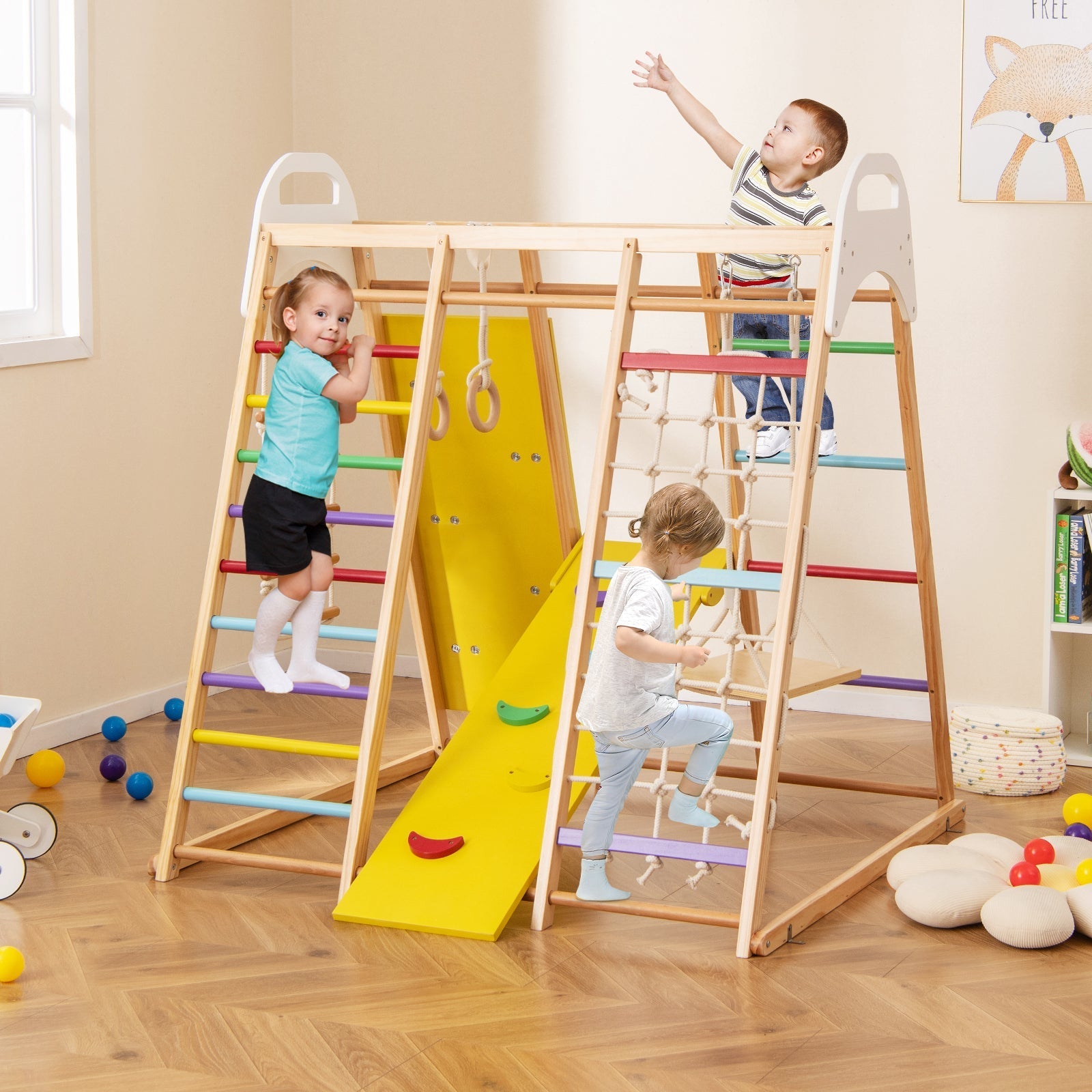 8-in-1 Wooden Jungle Gym Playset with Slide and Monkey Bars-Multicolor